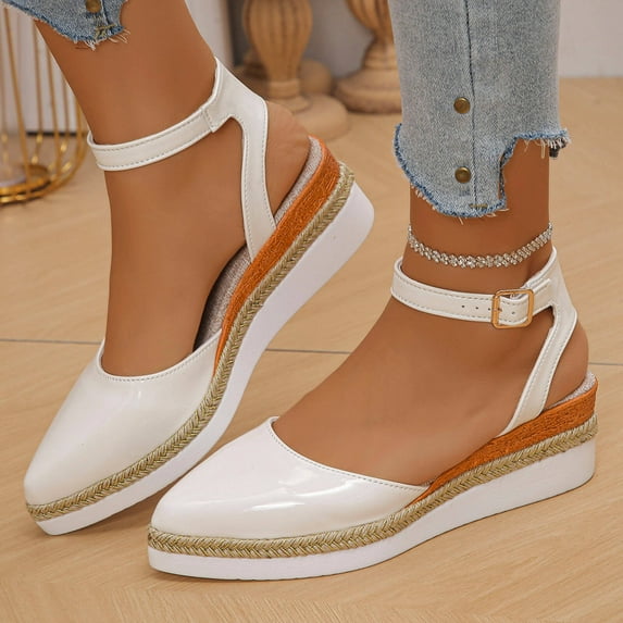 PiGOGI Women's Casual Espadrille Sandals Wedge Heel Adjustable Strap Summer Comfortable Walking Shoes Lightweight Versatile Style White 7