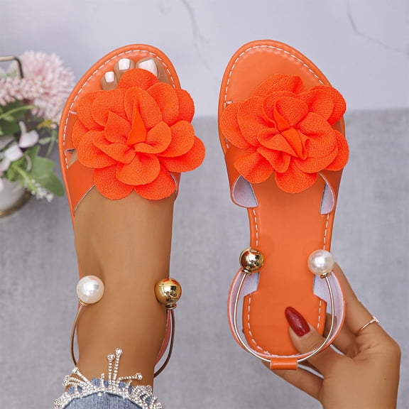 PiGOGI Women's Casual Floral Sandals Flat Sole Pearl Accent Summer Comfortable Walking Shoes Elastic Ankle Strap Beach Style Orange 9.5