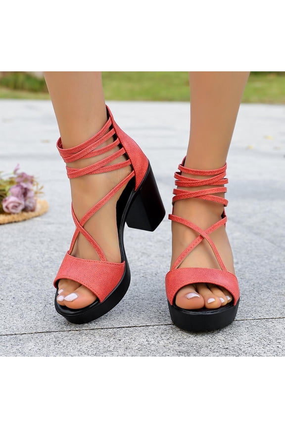 Women's Casual Glitter Sandals Block Heel Crisscross Strap Summer Comfortable Walking Shoes Party Night Out Style Watermelon Red 5.5