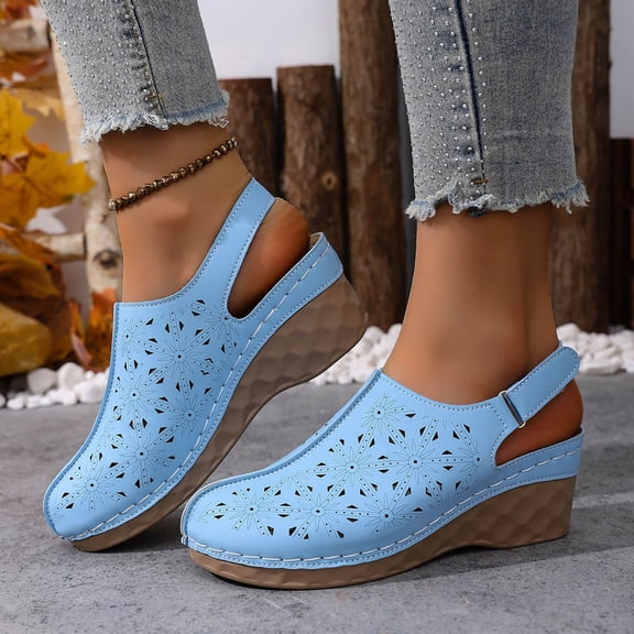 PiGOGI Women's Casual Hollow Out Wedge Sandals Breathable Summer Shoes Comfortable Lightweight Walking Versatile Beach Footwear Sky Blue 6
