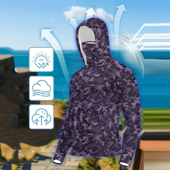 PiGOGI Women's Casual Hooded Mask Camouflage Sun Protection Long Sleeve Ice Silk Top Outdoor Shirt Multicolor L