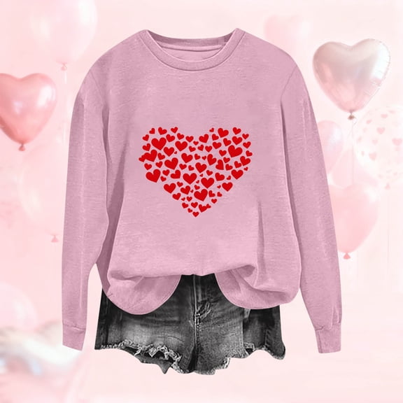 PiGOGI Women's Casual Long Sleeve Printed Loose T-Shirt - Plus Size Valentine's Day Top Pink S