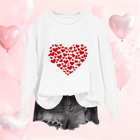 PiGOGI Women's Casual Long Sleeve Printed Loose T-Shirt - Plus Size Valentine's Day Top White XL