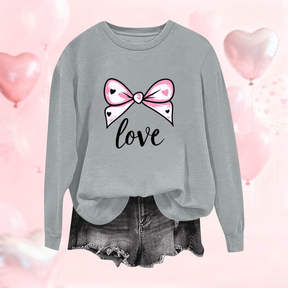 PiGOGI Women's Casual Long Sleeve Printed T-Shirt - Plus Size Loose Valentine's Day Top Gray L