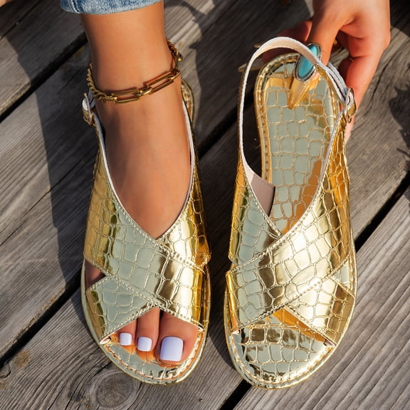 PiGOGI Women's Casual Metallic Sandals Flat Sole Adjustable Buckle Summer Comfortable Walking Shoes Glamorous Evening Style Gold 6.5