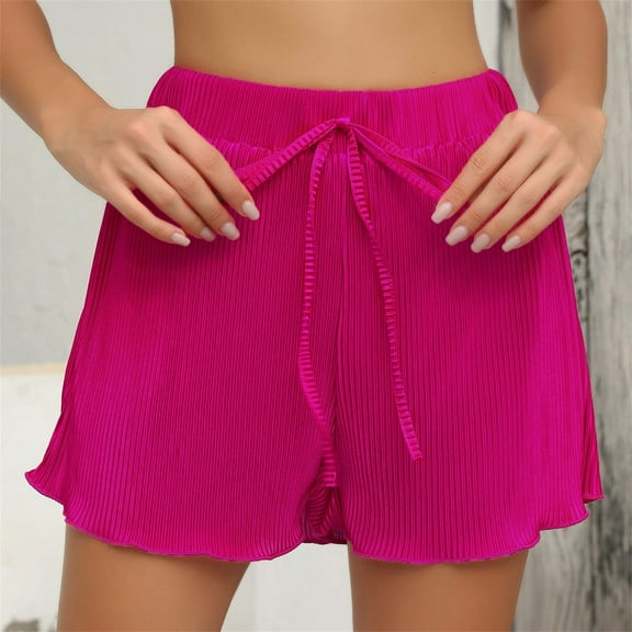 PiGOGI Women's Casual Pleated Elastic Drawstring Shorts - Solid Color Summer High Waist Comfortable Lounge Shorts Hot Pink XS