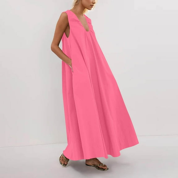 PiGOGI Women's Casual Print Dress - Sleeveless Round Neck Sexy Camisole Flowy Summer Beach Boho Dress Hot Pink