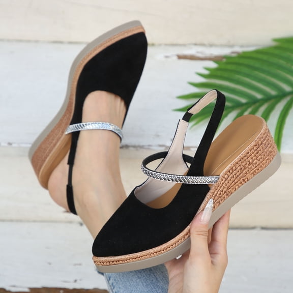 PiGOGI Women's Casual Rhinestone Sandals Wedge Heel Slingback Summer Comfortable Walking Shoes Sparkling Evening Footwear Black 9.5