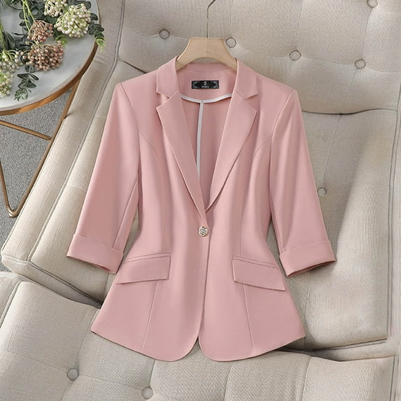 PiGOGI Women's Casual Solid Color Pocket Turndown Collar 3/4 Sleeve Blouse Blazer Lightweight Jacket for Work office Pink XL