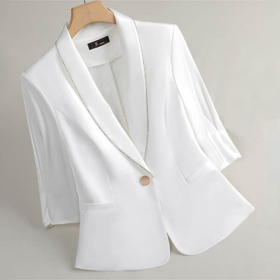 PiGOGI Women's Casual Solid Color Pocket Turndown Collar 3/4 Sleeve Blouse Blazer Lightweight Jacket for Work office White S