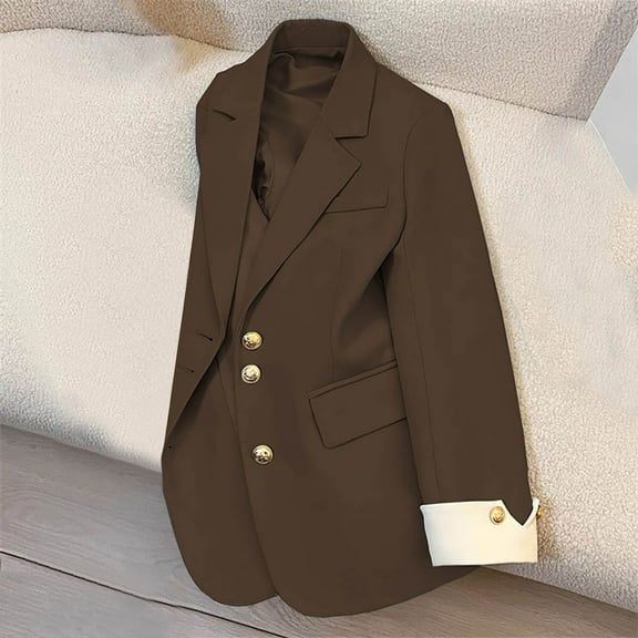 PiGOGI Women's Casual Solid Color Pocket Turndown Collar Long Sleeve Blouse Blazer office Work Jacket for Professional Wear Coffee XL