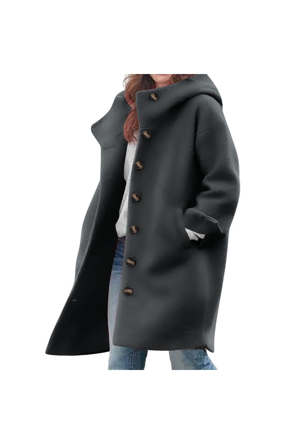 Women's Casual Solid Color Tops Coats Long Sleeve Button Hooded Woolen Coat Jacket with Pocket Dark Gray S