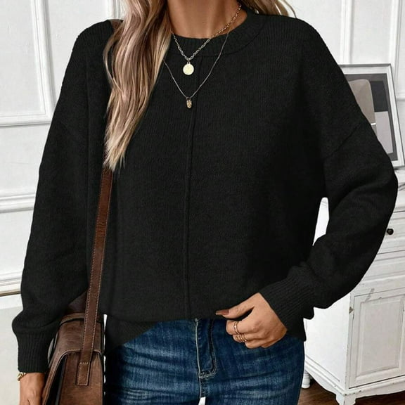 PiGOGI Women's Casual Solid Knit Long Sleeve Round Neck Loose Sweater Blouse Top Black L