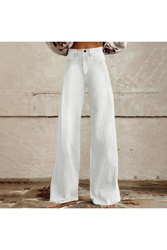Women's Casual Straight Leg Jeans - Button Pocket Pants with Comfortable Fit for Everyday Wear White L