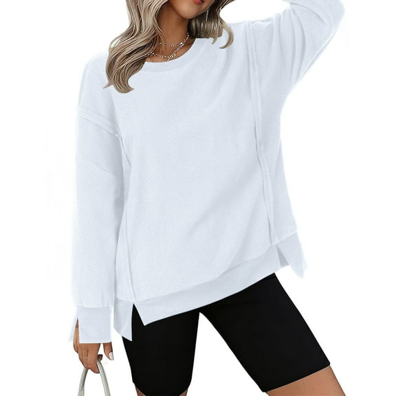 PiGOGI Women's Casual Sweatshirts Crewneck Long Sleeve Fuzzy Fleece Jackets Side Slit Midweight Pullover Fall Fashion 2025 White XL