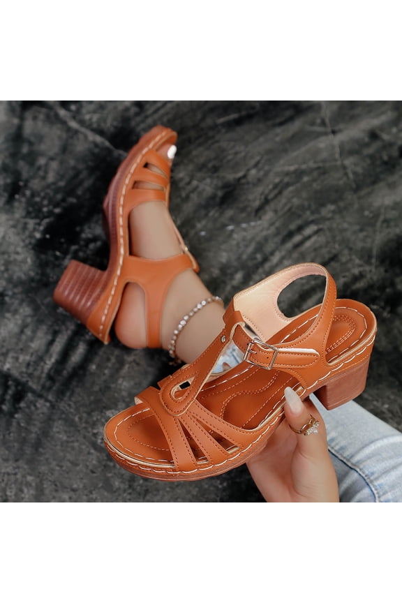 Women's Casual T-Strap Sandals Thick Sole Block Heel Open-Toe Summer Comfortable Walking Shoes Adjustable Buckle Brown 5.5