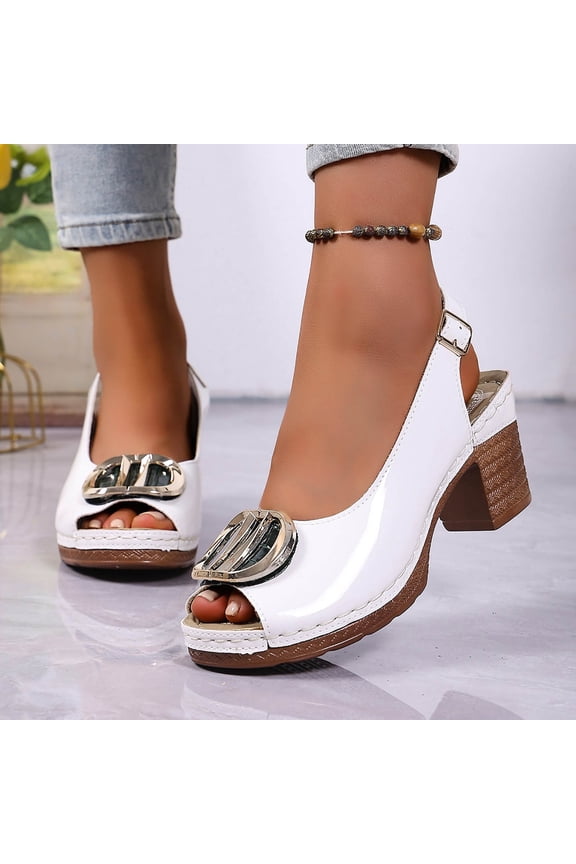 Women's Casual Thick Sole Sandals Peep-Toe Block Heel Shiny Leather Metal Buckle Comfortable Summer Walking Shoes White 5.5
