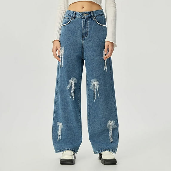 PiGOGI Women's Casual Trousers - Comfortable Straight Leg Pants with Pockets, Versatile Fashionable Long Bottoms for Daily Wear Dark Blue M