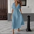 thumbnail image 1 of PiGOGI Women's Casual V-Neck Dress Short Sleeve Cinched Waist Belted Solid Color Summer Dress Light Blue S, 1 of 9