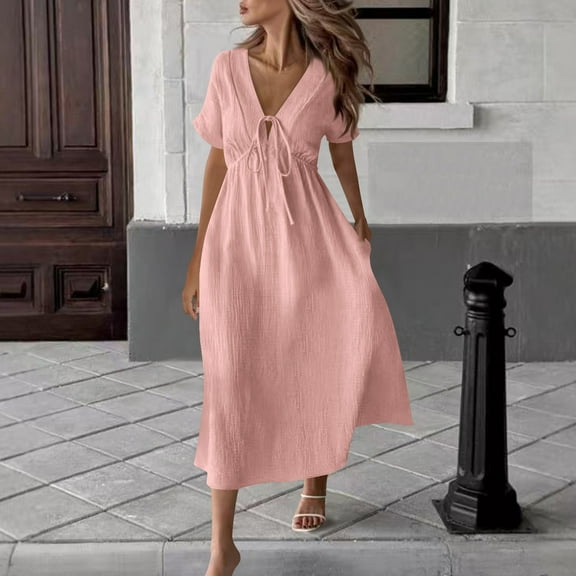 PiGOGI Women's Casual V-Neck Dress Short Sleeve Cinched Waist Belted Solid Color Summer Dress Pink XXL