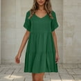 thumbnail image 1 of PiGOGI Women's Casual V-Neck Short Sleeve Mini Dress - Solid Color Pullover Flowy Skirt Dress - Summer Loose Fit Sundress Green, 1 of 8