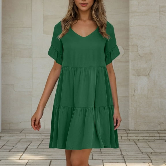 PiGOGI Women's Casual V-Neck Short Sleeve Mini Dress - Solid Color Pullover Flowy Skirt Dress - Summer Loose Fit Sundress Green