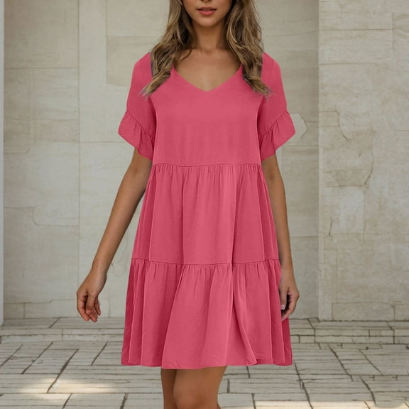 PiGOGI Women's Casual V-Neck Short Sleeve Mini Dress - Solid Color Pullover Flowy Skirt Dress - Summer Loose Fit Sundress Hot Pink