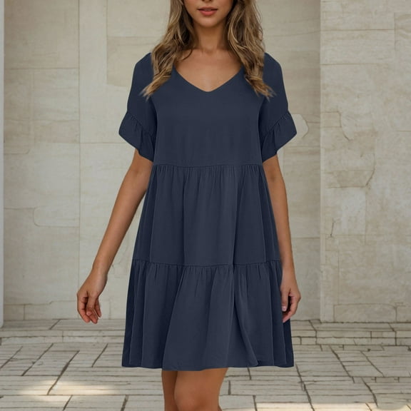 PiGOGI Women's Casual V-Neck Short Sleeve Mini Dress - Solid Color Pullover Flowy Skirt Dress - Summer Loose Fit Sundress Navy