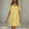 thumbnail image 1 of PiGOGI Women's Casual V-Neck Short Sleeve Mini Dress - Solid Color Pullover Flowy Skirt Dress - Summer Loose Fit Sundress Yellow, 1 of 8