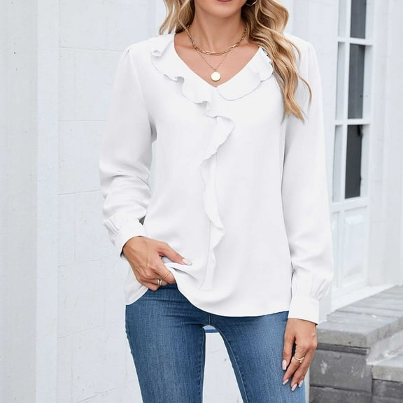 PiGOGI Women's Casual V-neck Pleated Ruffled Long Sleeve Shirt Loose Fit Blouse for Daily Wear White XXL
