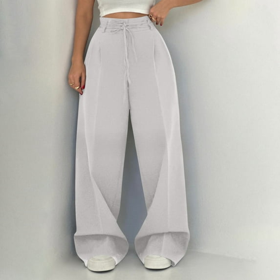 PiGOGI Women's Casual Wide Leg Pants - High Waisted Fashionable Trousers, Versatile Solid Color Long Pants for Daily Wear White XL