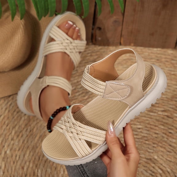 PiGOGI Women's Casual Woven Sandals Thick Sole Adjustable Strap Summer Comfortable Walking Shoes Breathable Beach Footwear Khaki 5.5
