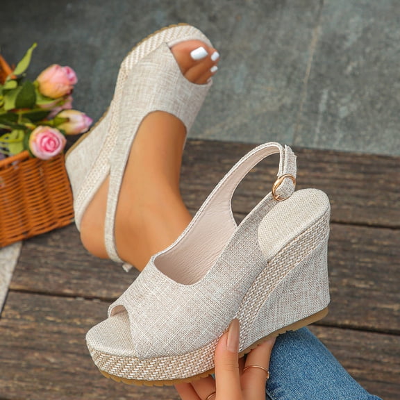 PiGOGI Women's Casual Woven Wedge Sandals Peep-Toe Adjustable Buckle Summer Comfortable Walking Shoes Non-Slip Sole Versatile Style Beige 5.5