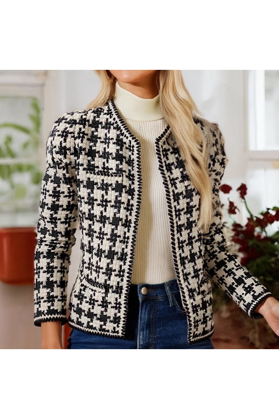 Women's Checkered Flip Tie Pocket Jacket Casual Long Sleeve Outerwear Fashion Comfortable Daily Wear White L