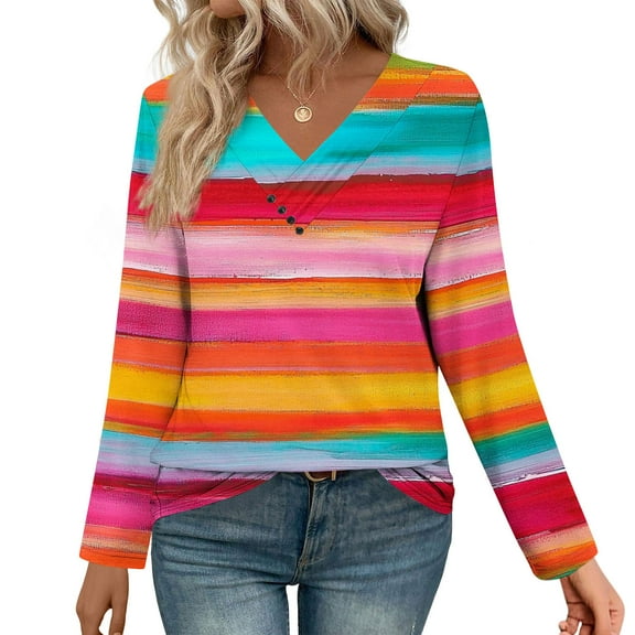 PiGOGI Women's Chiffon V-Neck Long Sleeve Blouse Casual Button Down Top Loose Fit Tunic Shirt for Women Multicolor M