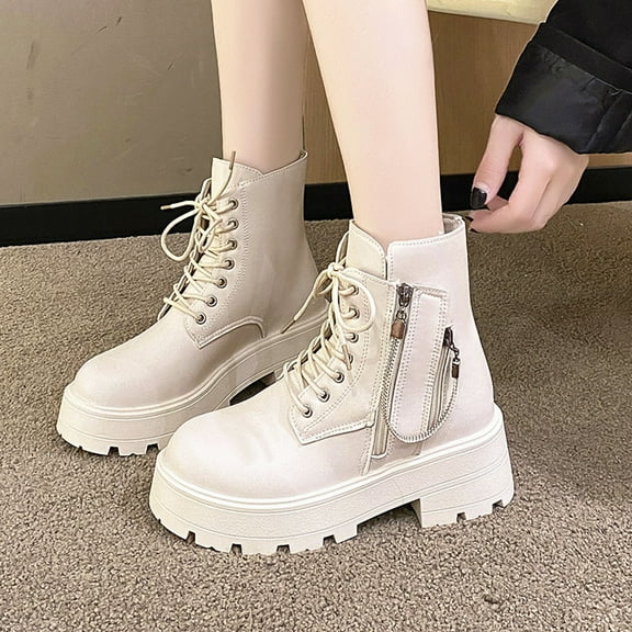PiGOGI Women's Chunky Heel Boots Round Toe Lace Up Fashion Winter Fall Boots for Women Thick Bottom Comfortable Punk Style Short Boots Beige 40