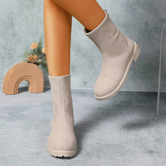 PiGOGI Women's Chunky Heel Boots Round Toe Side Zipper Fashion Winter Fall Boots for Women Comfortable Low Heel Suede Nubuck Ankle Boots Beige 43