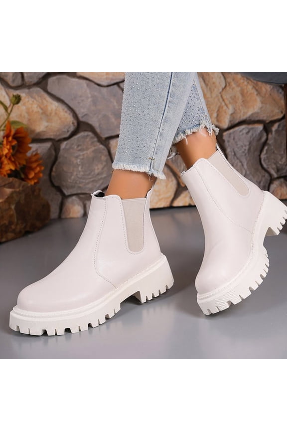 Women's Chunky Sole Boots for Women Low Heel Ankle Booties Fall Winter Fashion Comfortable Casual Shoes White 36