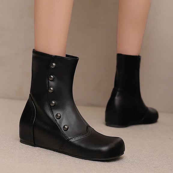 PiGOGI Women's Color Block Ankle Boots, Side Zipper Flat Boots for Women, Round Toe Winter Fashion Boots Black 36