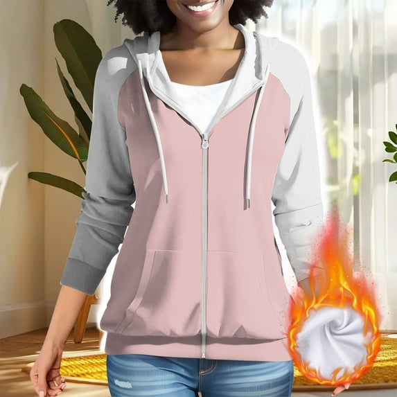 PiGOGI Women's Color Block Hooded Zipper Sweatshirt Long Sleeve Raglan Casual Top Pink S