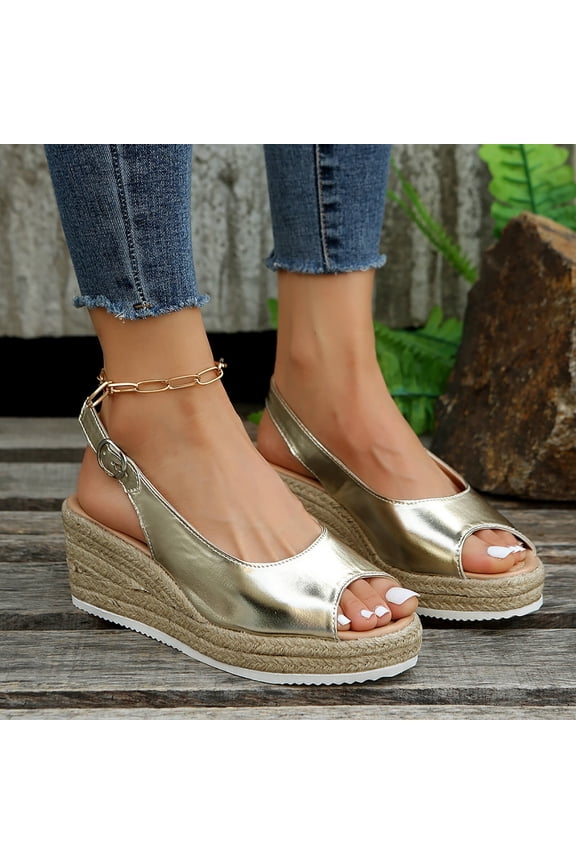 Women's Comfortable Wedge Heel Sandals Snake Print Peep Toe Jute Wrapped Slingback Casual Summer Beach Gold 43