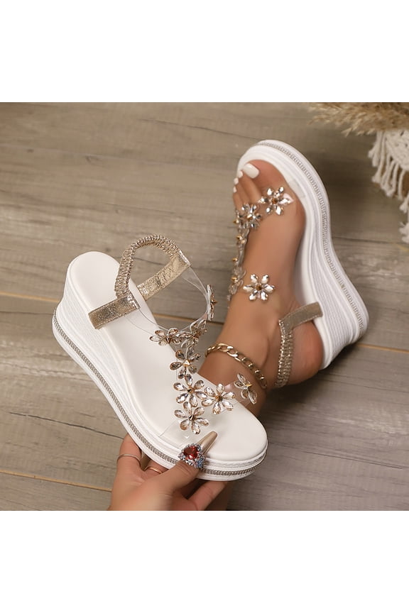 Women's Comfortable Wedge Sandals Crystal Flower Rhinestone Elastic Ankle Strap Transparent Toe Straps Plus Size White 36