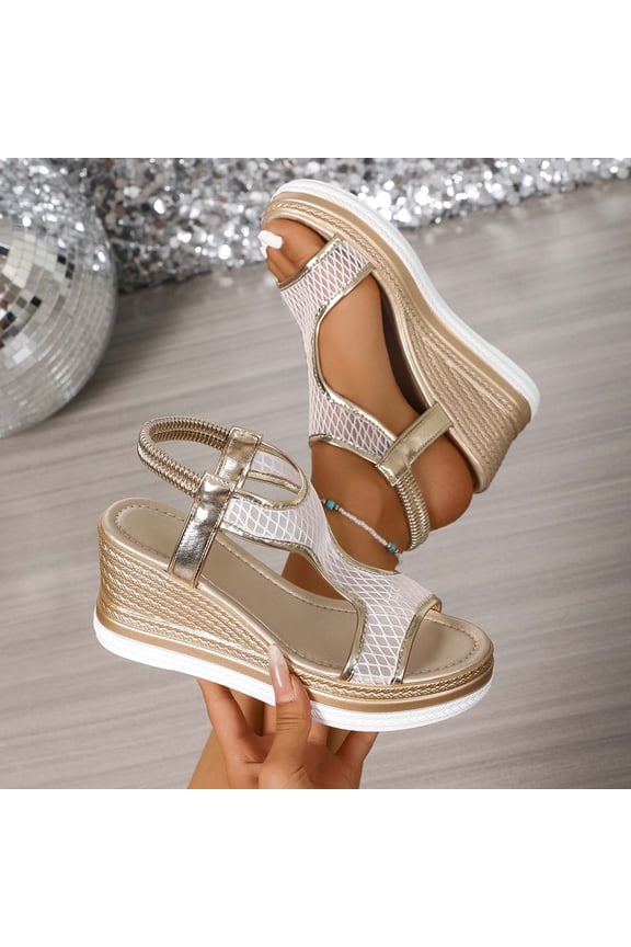 Women's Comfortable Wedge Sandals Mesh Upper Metallic Accents Elastic Ankle Strap Espadrille Plus Size Summer White 37