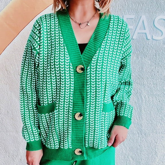 PiGOGI Women's Contrast Knit Cardigan VNeck Long Sleeve Open Front Sweater Casual Loose Fit Cover Up Comfortable Lightweight Fall Winter Top Green S