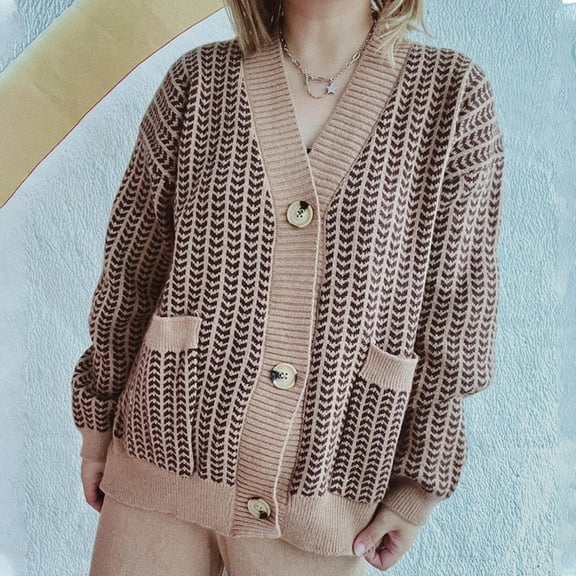 PiGOGI Women's Contrast Knit Cardigan VNeck Long Sleeve Open Front Sweater Casual Loose Fit Cover Up Comfortable Lightweight Fall Winter Top Khaki S