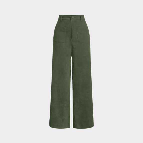 PiGOGI Women's Corduroy Straight Leg Pants - High Waisted Casual Trousers with Pockets, Comfortable Stretch Fit for Work & Daily Wear Green L