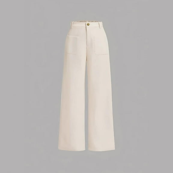 PiGOGI Women's Corduroy Straight Leg Pants - High Waisted Casual Trousers with Pockets, Comfortable Stretch Fit for Work & Daily Wear White XL