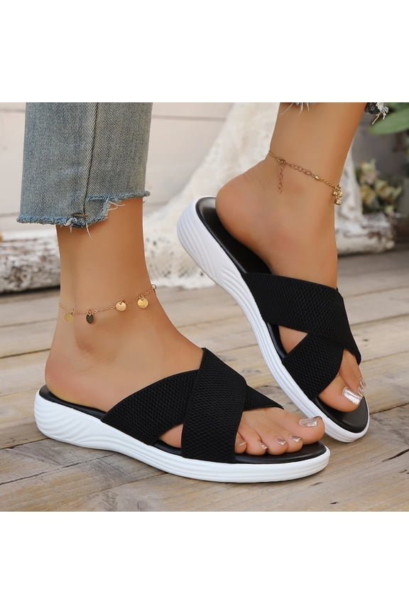 Women's Crisscross Knit Strap Slides Textured Fabric Slippers for Loungewear and Daily Errands Black 6