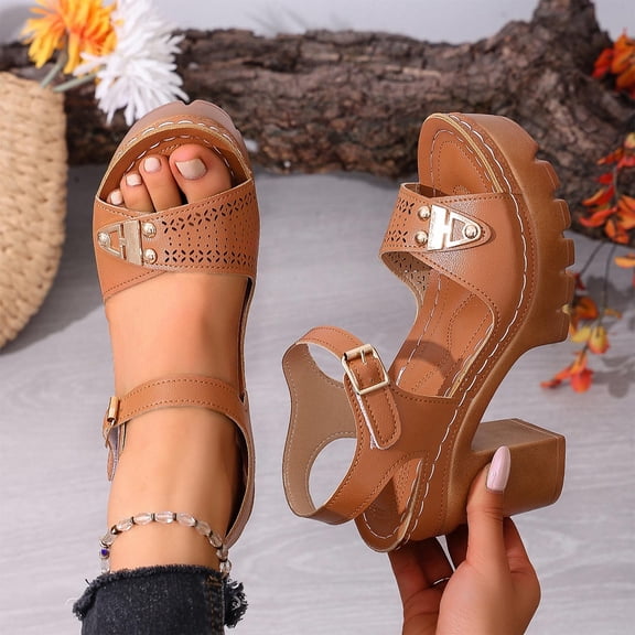 PiGOGI Women's Cute High Heel Sandals Faux Leather Block Heel Perforated Toe Strap Adjustable Ankle Strap Brown 37