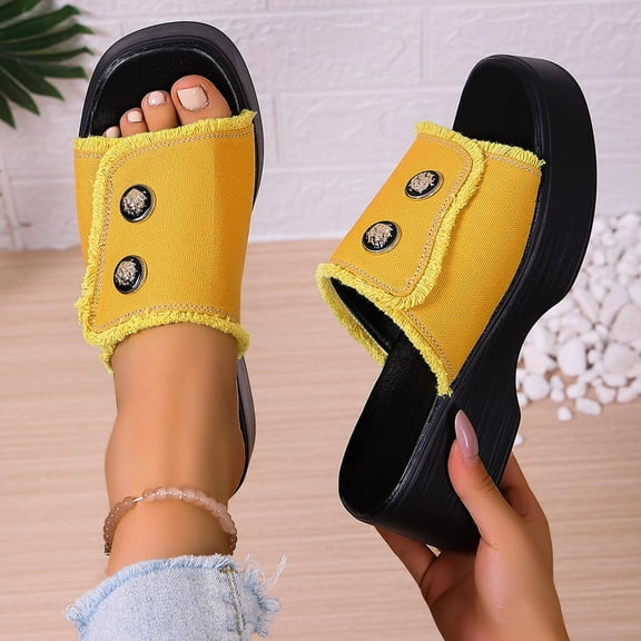 PiGOGI Women's Denim Button Strap Wedge Sandals Frayed Edge Casual Slippers for Weekend Street Style Yellow 8.5
